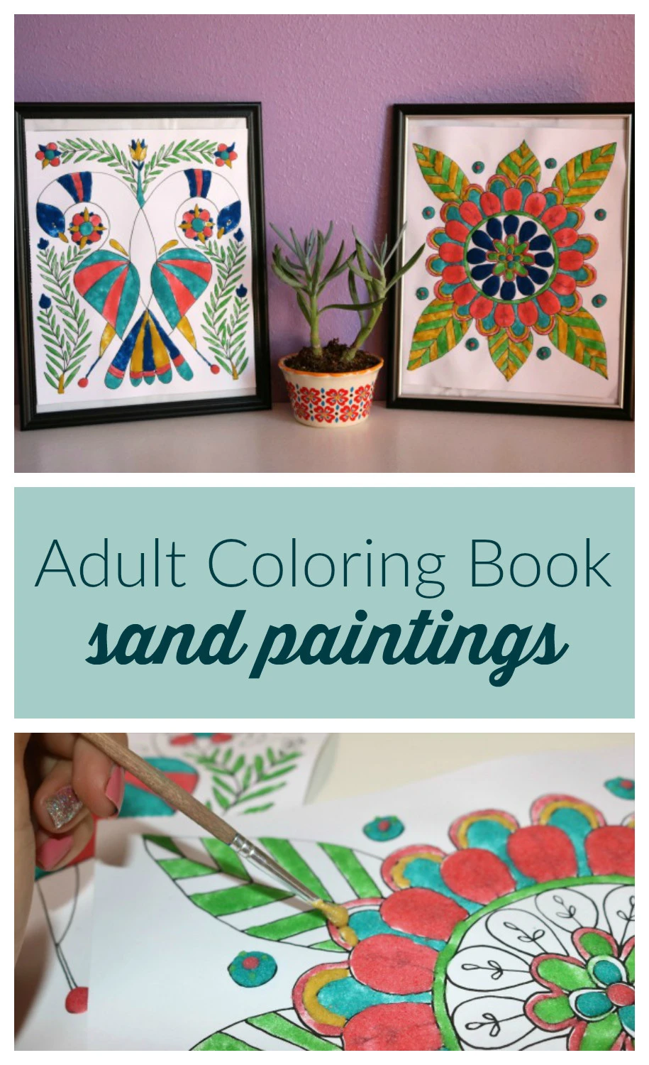 Forget JUST coloring your adult coloring book pages!  Give them texture and dimension with colored sand paint!  Click through to learn how to make your own colored sand paint and how to make this unique adult coloring book craft project!